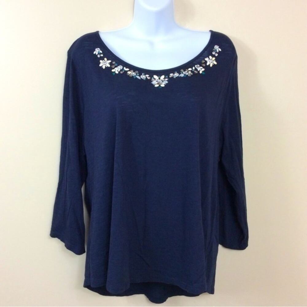 Crown & Ivy navy blue embellished jeweled top. XL   Cotton blend